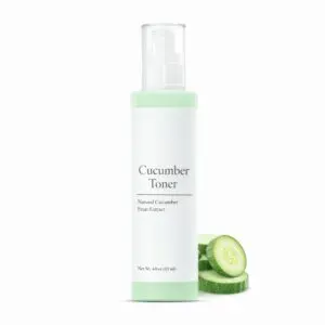 Cucumber toner bottle with sliced cucumbers.