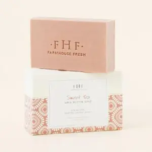 A Farmhouse Fresh Sweet Tea Shea Butter Soap bar with the words farmhouse fresh on it.