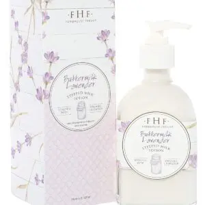 A bottle of lavender hand lotion next to a box.