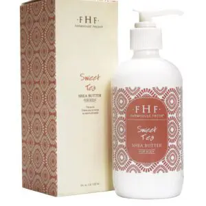 A bottle of body lotion in front of a box.
