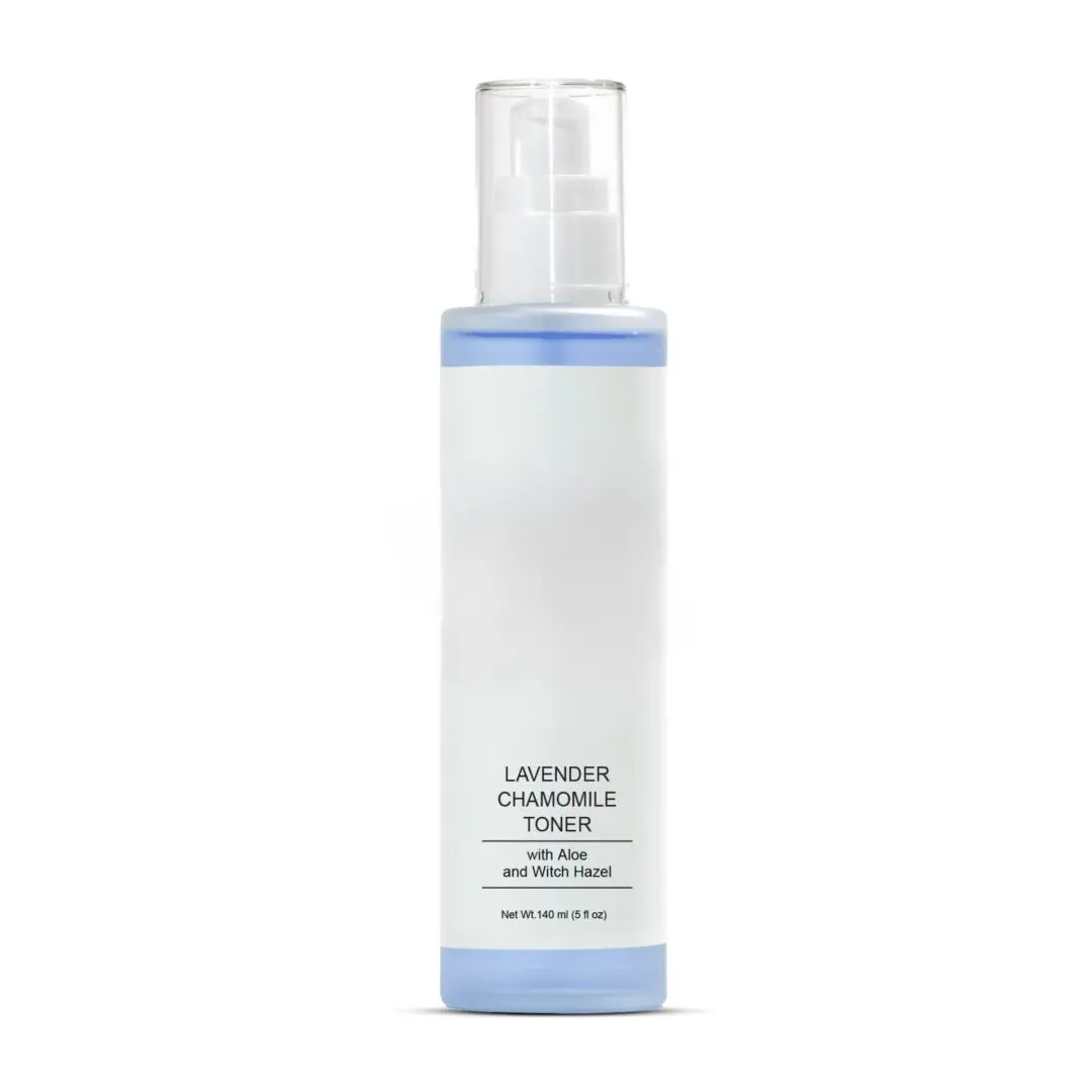 Lavender chamomile toner bottle with pump.