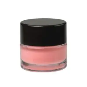 Pink cream jar with black lid.
