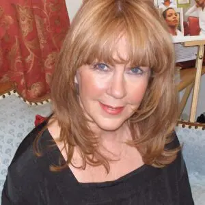A woman sitting on a couch.