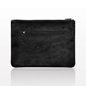 A black zippered pouch on a white surface.
