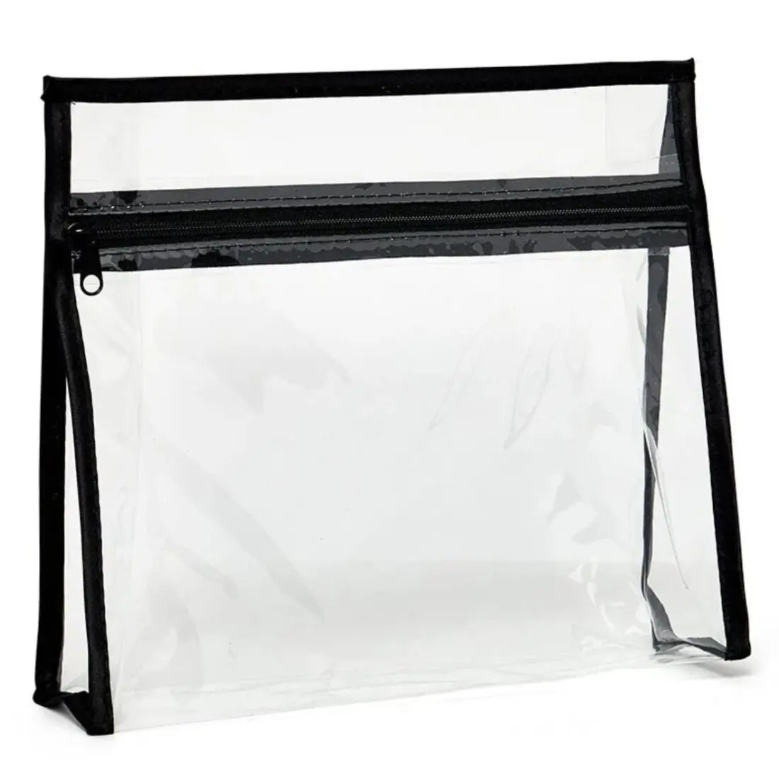 Clear plastic toiletry bag with black zipper.