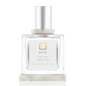 A bottle of sun eau de toilette on a white surface.