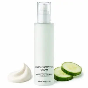 Makeup remover cream with cucumber slices.