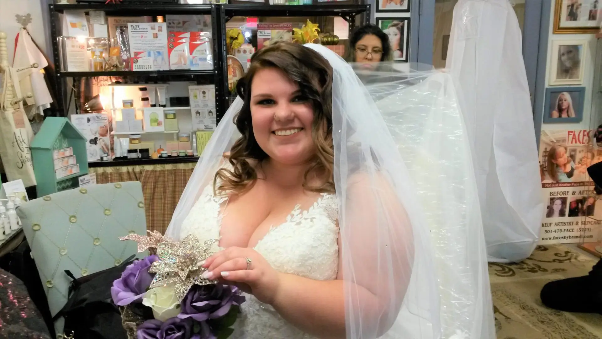 Bride in wedding dress with bouquet.