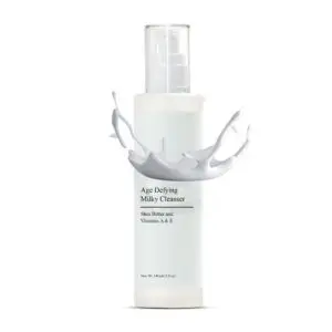 Milky cleanser bottle with splash effect.