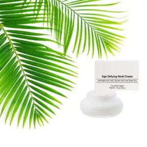 Neck cream jar with tropical leaf background.