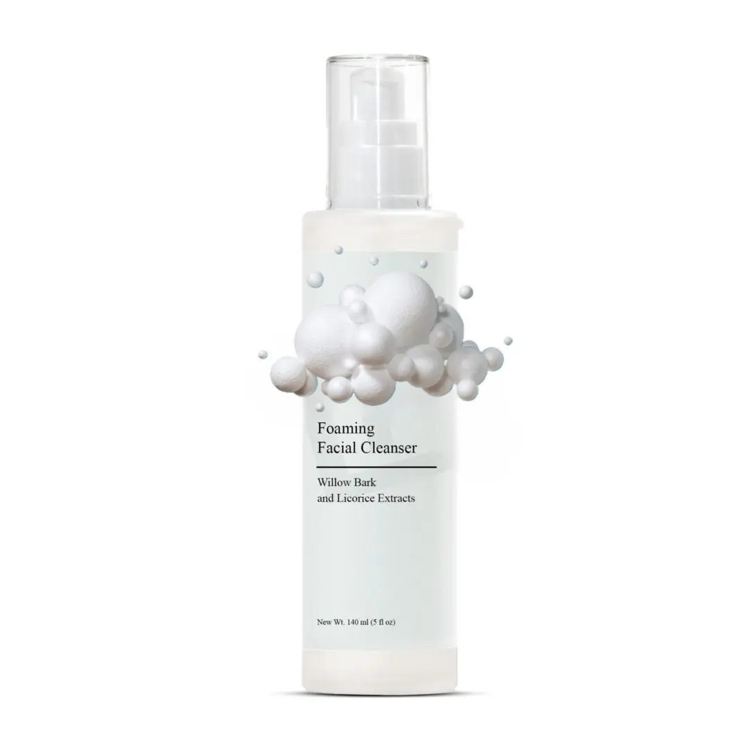 Foaming facial cleanser bottle with bubbles design.