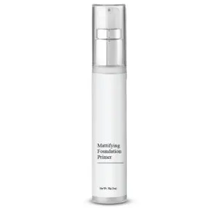 Mattifying foundation primer in white bottle.