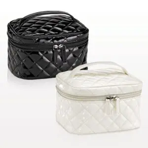 A Black and white quilted cosmetic bags.