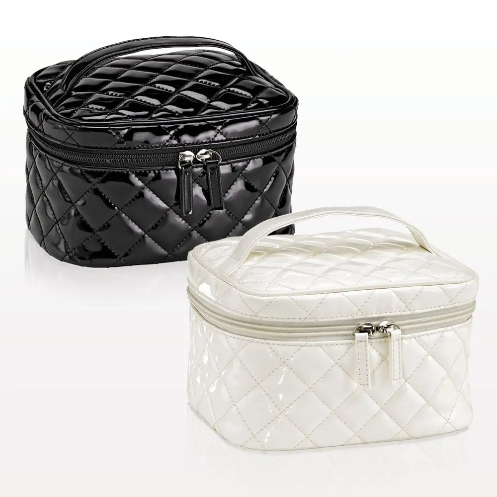 A Black and white quilted cosmetic bags.