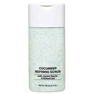 Cucumber refining scrub bottle with jojoba beads.