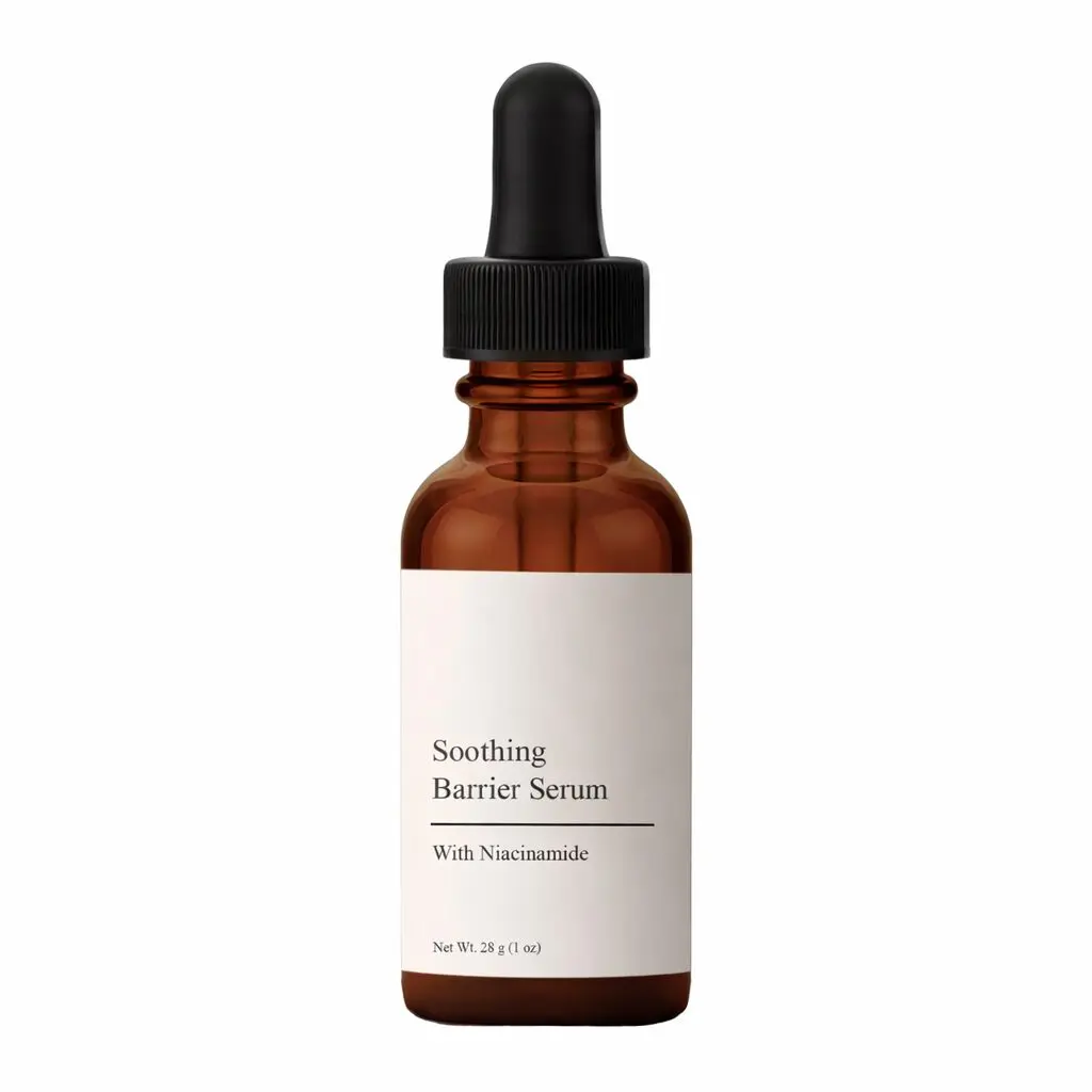 Brown dropper bottle labeled soothing barrier serum.