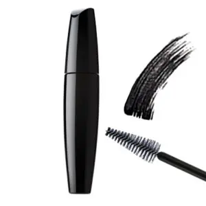 Black mascara tube with brush and swatch.