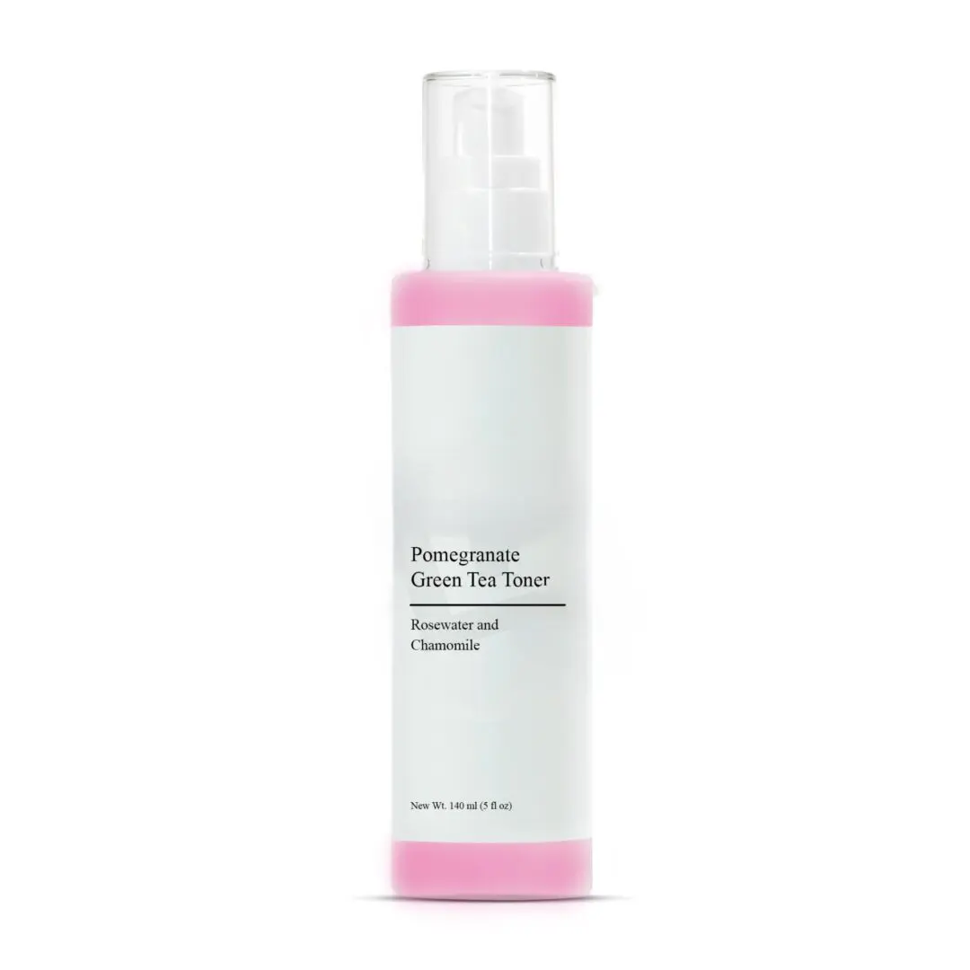 Pink-capped bottle of pomegranate green tea toner.