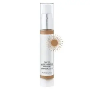 Tinted moisturizer bottle with vitamins A, C, E.