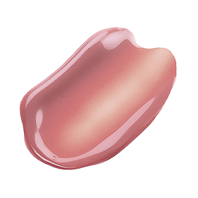 Glossy pink lipstick swatch on white background.