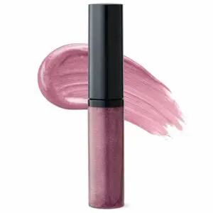 Pink shimmering lip gloss with swatch background.