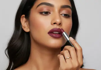 Woman applying dark lipstick, close-up view.