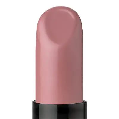 Pink lipstick close-up on white background.