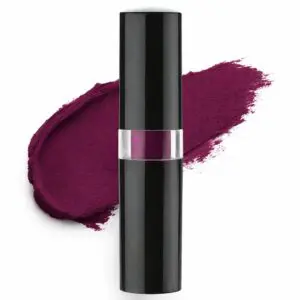 Dark lipstick with purple swatch background.