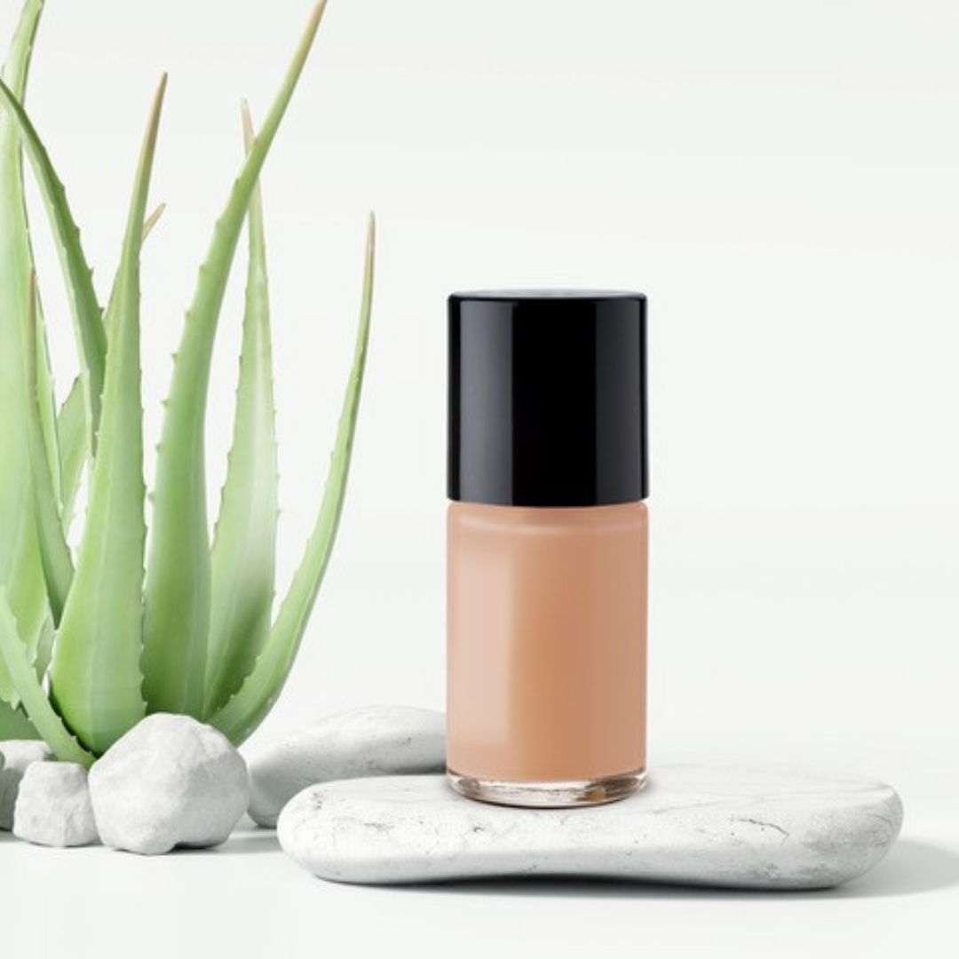 Aloe plant and foundation bottle on stone.