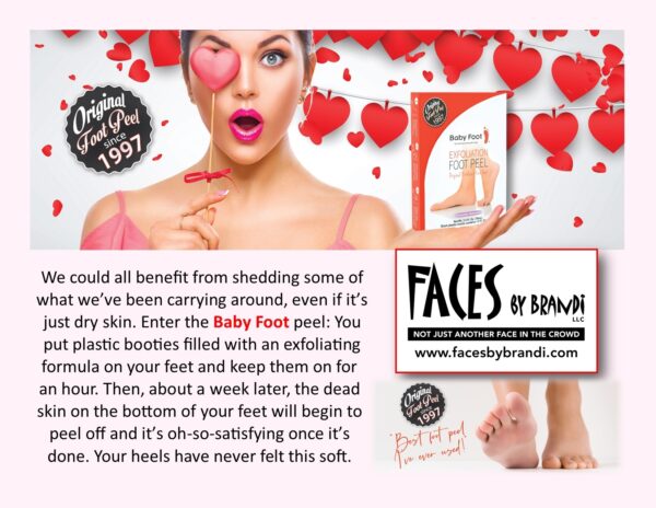 A woman is holding a fake foot in front of hearts.