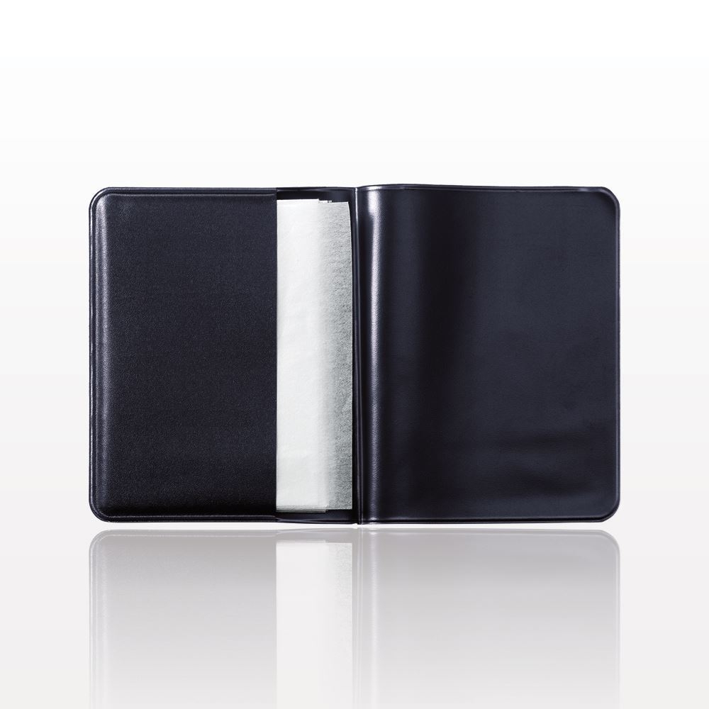 A black leather wallet on a white surface.