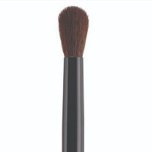 A makeup brush with a black handle on a white background.