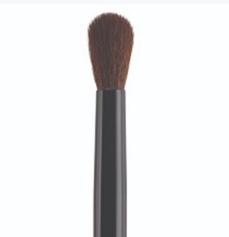 A makeup brush with a black handle on a white background.