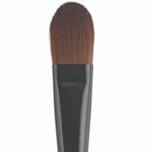 A makeup brush with a black handle on a white background.