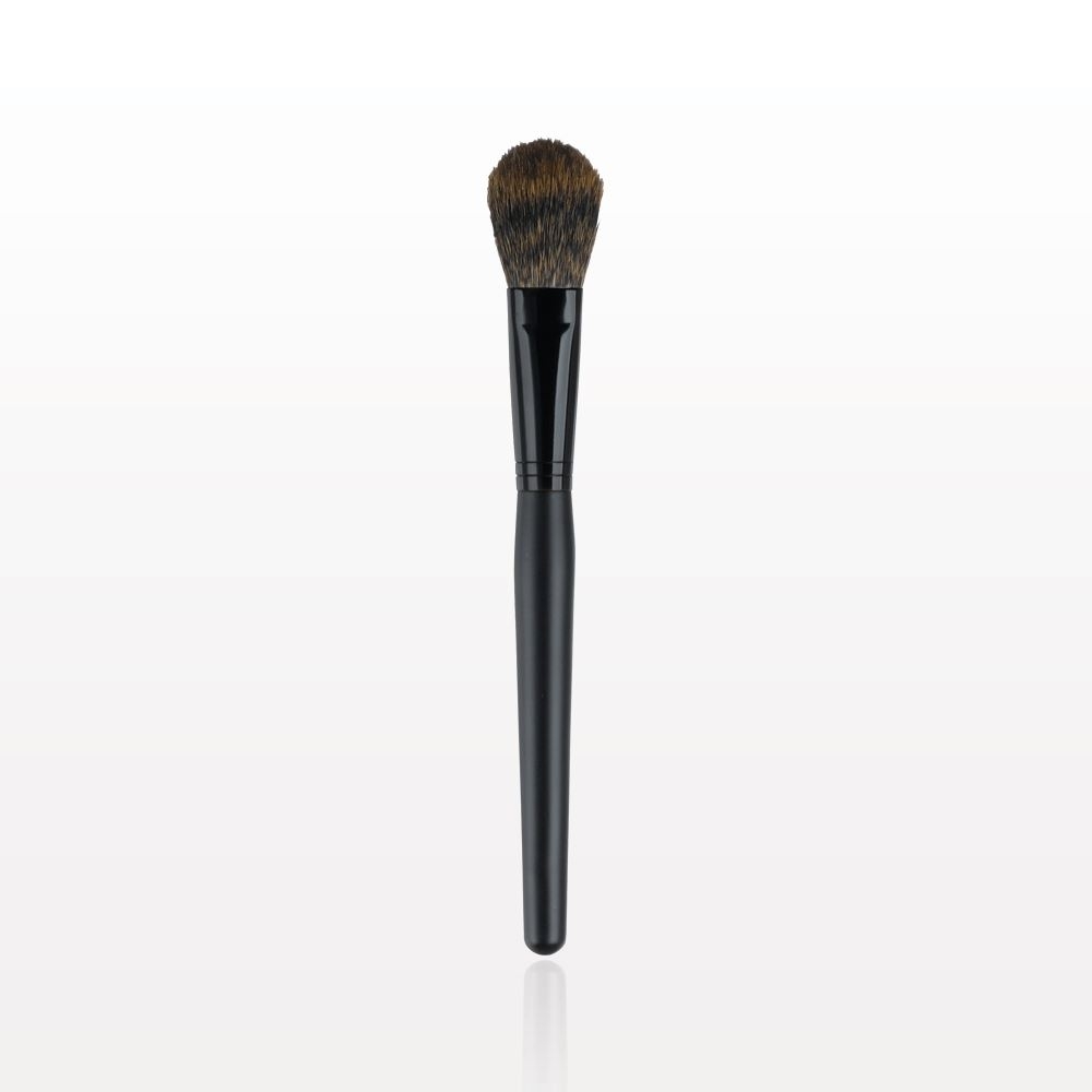 A black makeup brush on a white background.