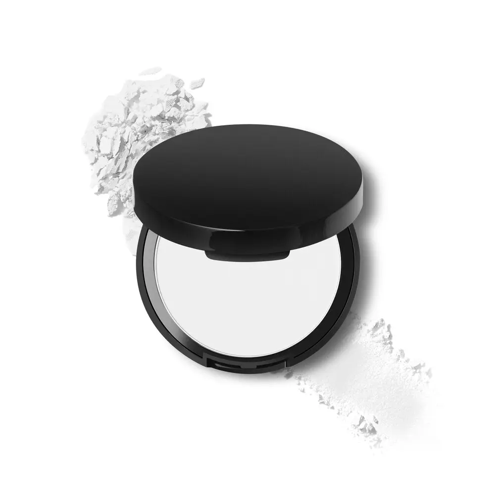A white powder compact on a white background.