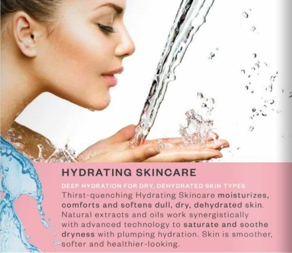 Woman with water on face, hydrating skincare.