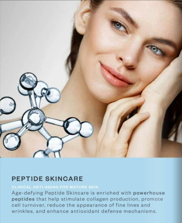 Woman with youthful skin using peptide skincare.