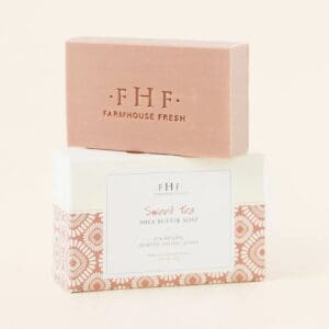 A Farmhouse Fresh Sweet Tea Shea Butter Soap bar with the words farmhouse fresh on it.