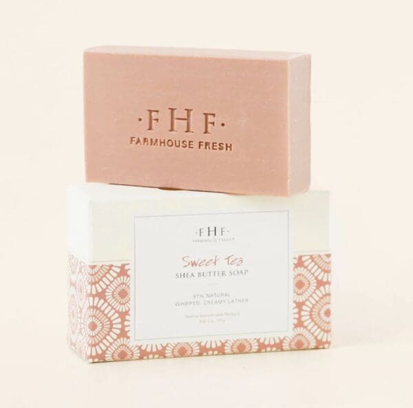 A Farmhouse Fresh Sweet Tea Shea Butter Soap bar with the words farmhouse fresh on it.