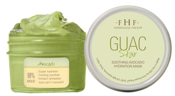 A jar of Farmhouse Fresh Guac Star Hydration Mask and a jar of coconut oil.