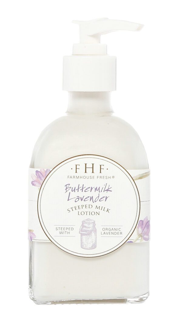 A bottle of lavender hand lotion on a white background.