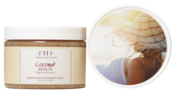 A jar of coconut body scrub with a picture of a woman.