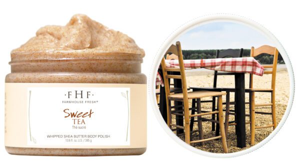 A jar of sugar scrub with a picture of a table and chairs.