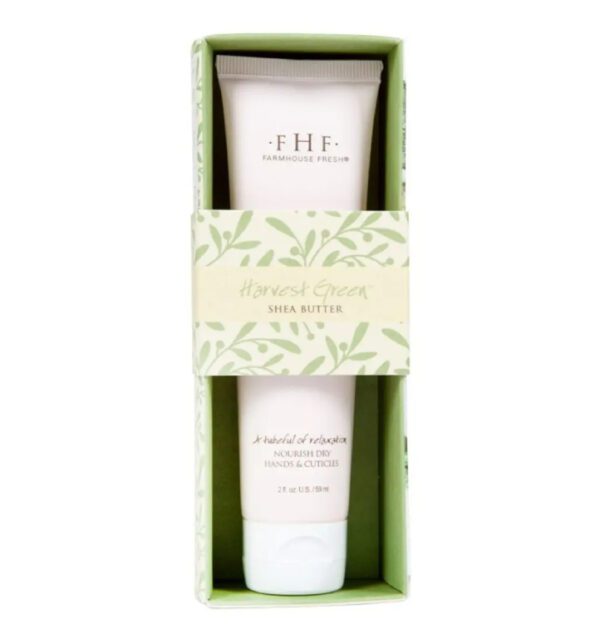 The Farmhouse Fresh Harvest Green Shea Butter Hand Cream in a green box.