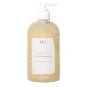 A bottle of Farmhouse Fresh Rainbow Road Body Wash and Bubble Bath with a flower on it.