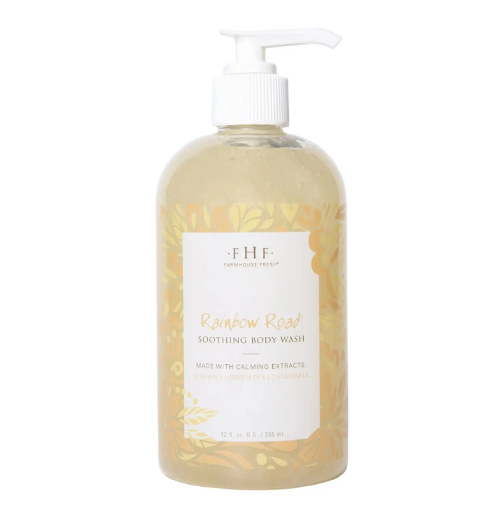 A bottle of Farmhouse Fresh Rainbow Road Body Wash and Bubble Bath with a flower on it.