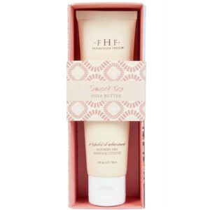 A tube of Farmhouse Fresh Sweet Tea Shea Butter Hand Cream in a pink box.