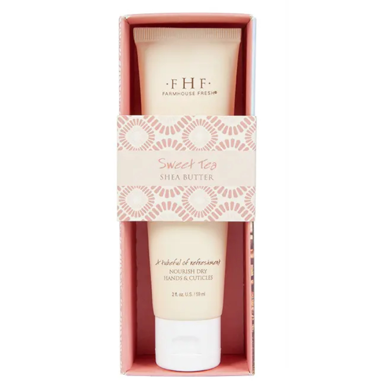 A tube of Farmhouse Fresh Sweet Tea Shea Butter Hand Cream in a pink box.