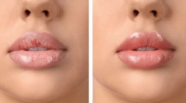 Before and after lip gloss application.